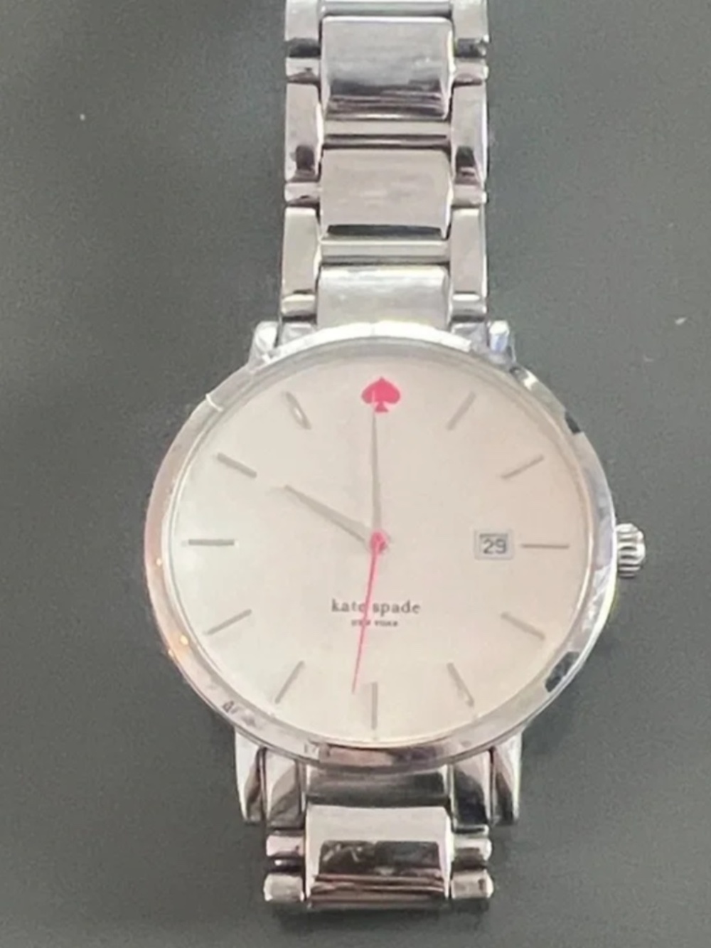 Kate Spade Silver metal large watch pink spade at 12 o'clock